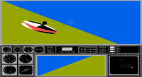 Corncob 3D in-game: cockpit view over a dark landscape with HUD instruments.