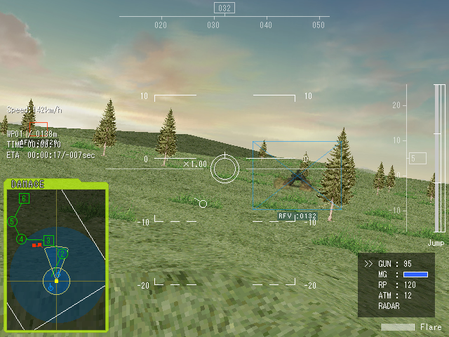 In-game view over grassy hills at dusk: targeting reticle on a distant enemy, waypoint and speed readouts at left, damage and radar panel bottom-left.