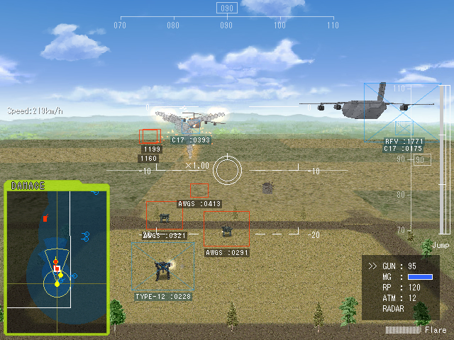 Daylight engagement across open ground: a C17 transport overhead, several AWGS walkers tagged on the HUD, tactical radar bottom-left.