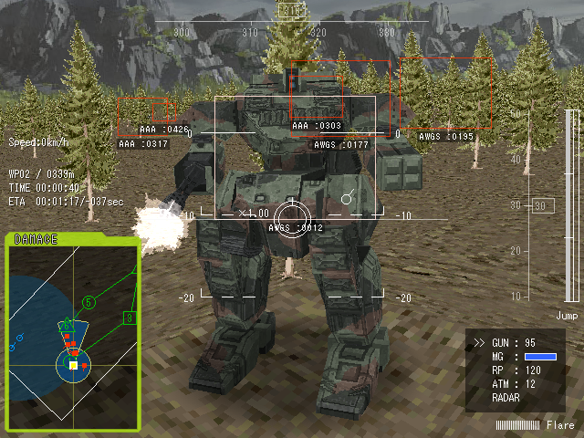A camouflaged HIGH-MACS walking tank standing among pines below rocky cliffs, firing, with AAA and AWGS contacts tagged.