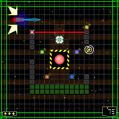 In-game screenshot: a neon green grid chamber with a glowing red core inside a hazard-striped frame, surrounded by coloured nodes and circuitry.
